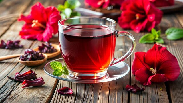 Hibiscus Tea in Glass Cup with Fresh Flowers Rustic Setting