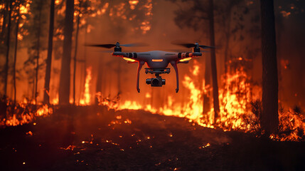Drone in action recording a raging forest fire through the trees