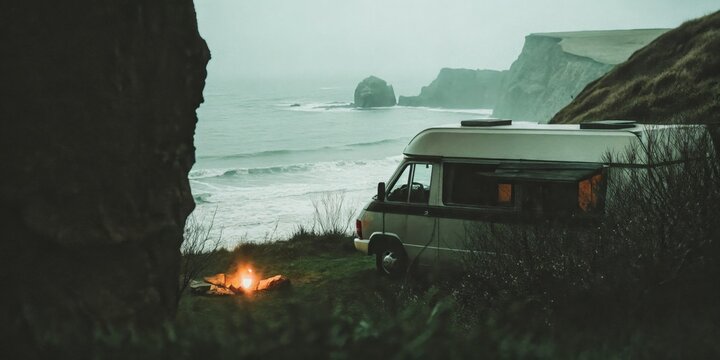 Coastal Camper Van and Campfire by the Ocean at Scenic Cliffside