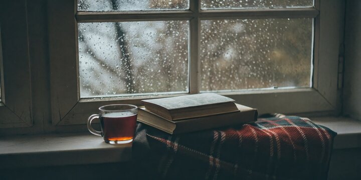 Cozy Reading Nook by a Rainy Window with a Cup of Tea