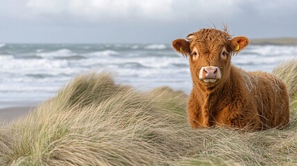 Cow on Windswept Plain with Tall Grass