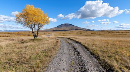 Naklejka premium Autumn road, yellow tree, mountain view, clear sky, travel photography