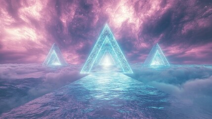 Surreal Triangular Portals Illuminated with Fractal Patterns Above Misty Dreamscape in Cinematic Sci-fi Concept Art