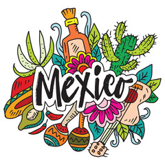 Mexico hand drawn lettering in doodle style. Vector illustration