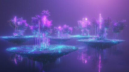 Neon-Lit Floating Islands: Sci-fi Dreamscape Concept with Prismatic Bridges and Vibrant Plantlife