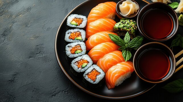 Delicious sushi platter featuring assorted rolls, salmon, and dipping sauces on a dark background
