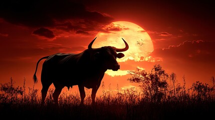 Naklejka premium Majestic Bull Silhouette at Blazing Sunset