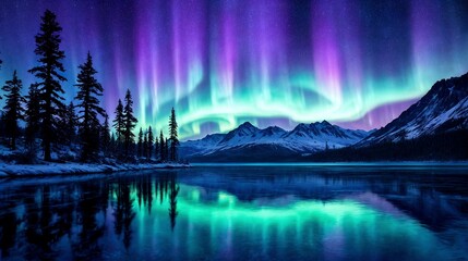 Magical aurora borealis with vibrant colors swirling above a tranquil lake, reflecting the luminous sky in crystal-clear waters, creating a dreamy and serene atmosphere