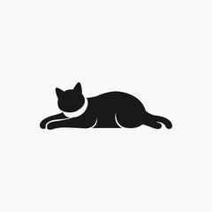 Black Cat Lying Down Icon with Collar,  Simple, black silhouette icon of a cat lying down.