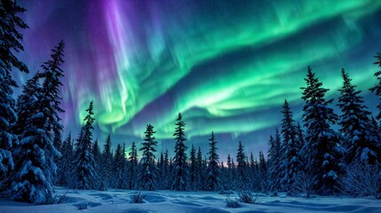 Surreal Northern Lights illuminating a dense pine forest, with trees silhouetted against a glowing cosmic sky, creating a perfect balance between nature and the universe.