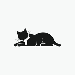 Black Cat Lying Down Icon with Collar,  Simple, black silhouette icon of a cat lying down.
