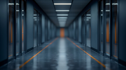 Fototapeta premium Futuristic Office Hallway with Glass Doors and Neon Accents..