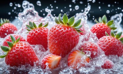 Fresh strawberries splashing in water