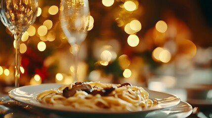 Obraz premium Close-up of fettuccine alfredo with mushrooms and glass of juice at restaurant. 