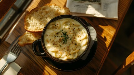 Top-down shot of fettuccine alfredo with a side of toasted garlic bread on a wooden table.