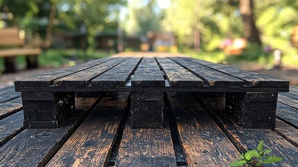 Fototapeta premium Black pallet bench in park, blurred background