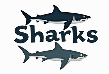 Obraz premium Simple Flat Sharks Poster: Muted Colors, White Background, Text 