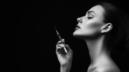 Fototapeta premium Beautiful woman holding syringe for lip augmentation filler injection treatment