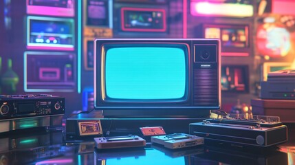 Futuristic 80s retro TV, glowing with neon hues, placed on a glass table with cassette players and sci-fi memorabilia