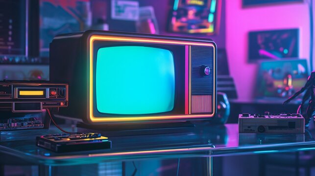 Futuristic 80s retro TV, glowing with neon hues, placed on a glass table with cassette players and sci-fi memorabilia