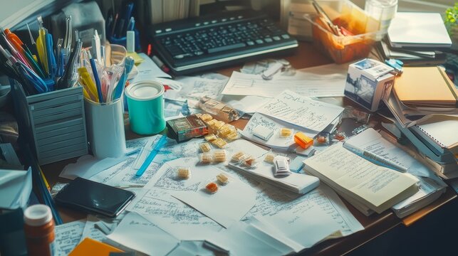 Cluttered desk, papers, pens, and keyboard show busy work.