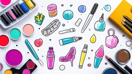 Colorful makeup and beauty supplies flatlay