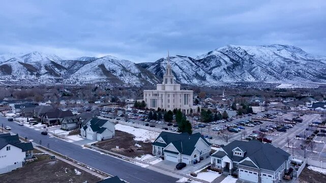 Aerial Payson Utah LDS Temple overhead 2. The Church of Jesus Christ of Latter-day Saints, LDS or Mormon religion. Sacred building for eternal worship. Residential neighborhood.