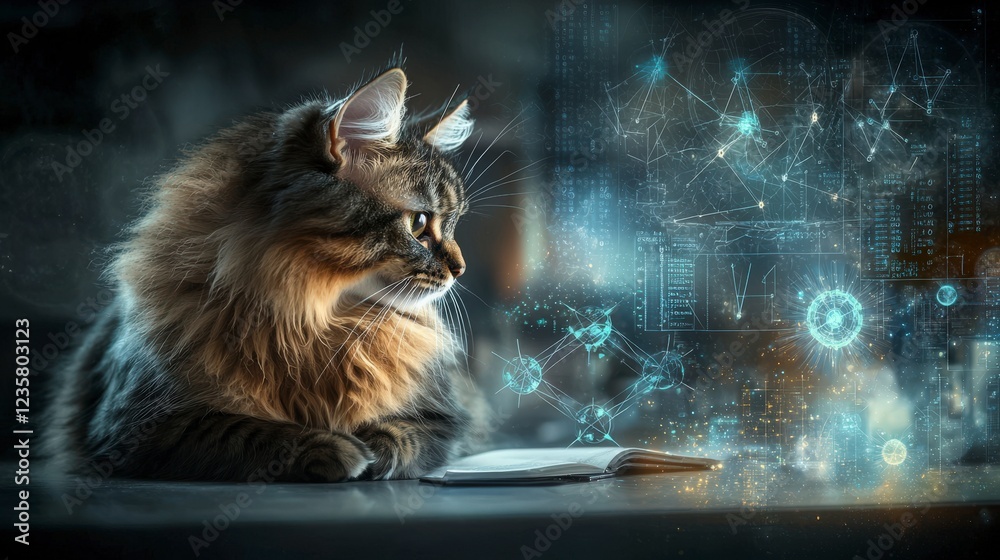 Poster focused cat physicist working in modern lab captivating science concept futuristic environment thoug