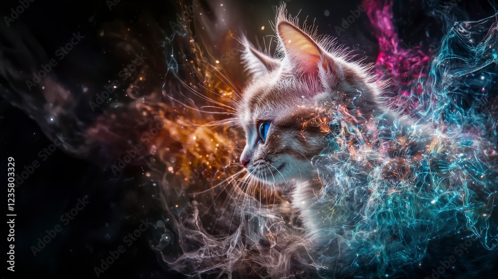 Poster live holographic art show featuring a creative kitten digital studio visual art fantasy environment 