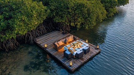 Romantic dinner, floating dock, mangrove forest, sunset