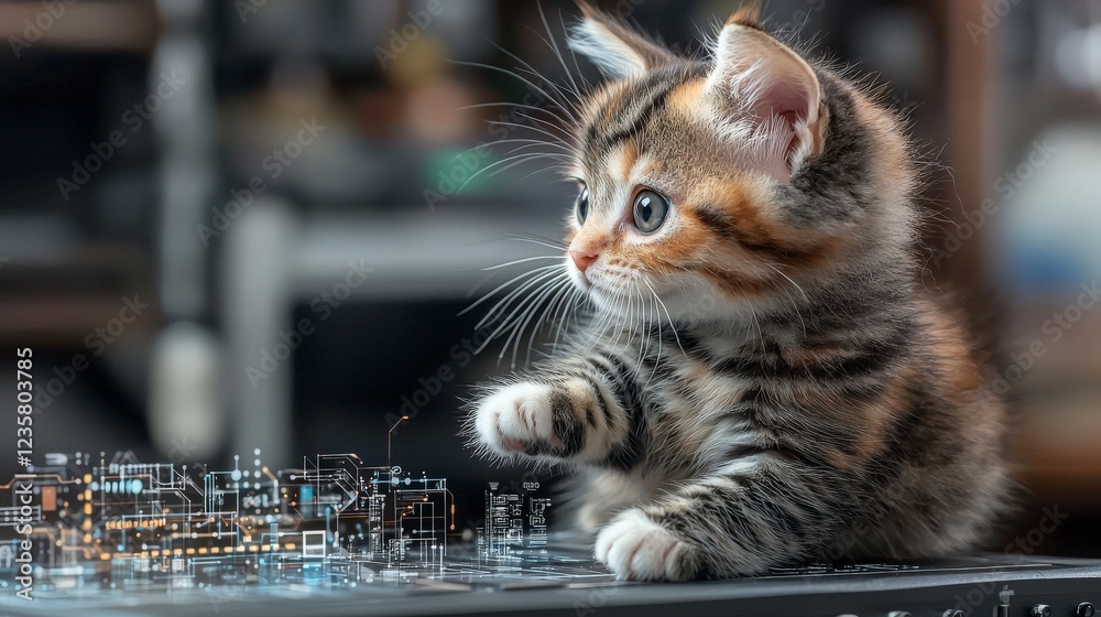 Poster Kitten creating autonomous smart community designs in a tech environment digital art playful atmosphere