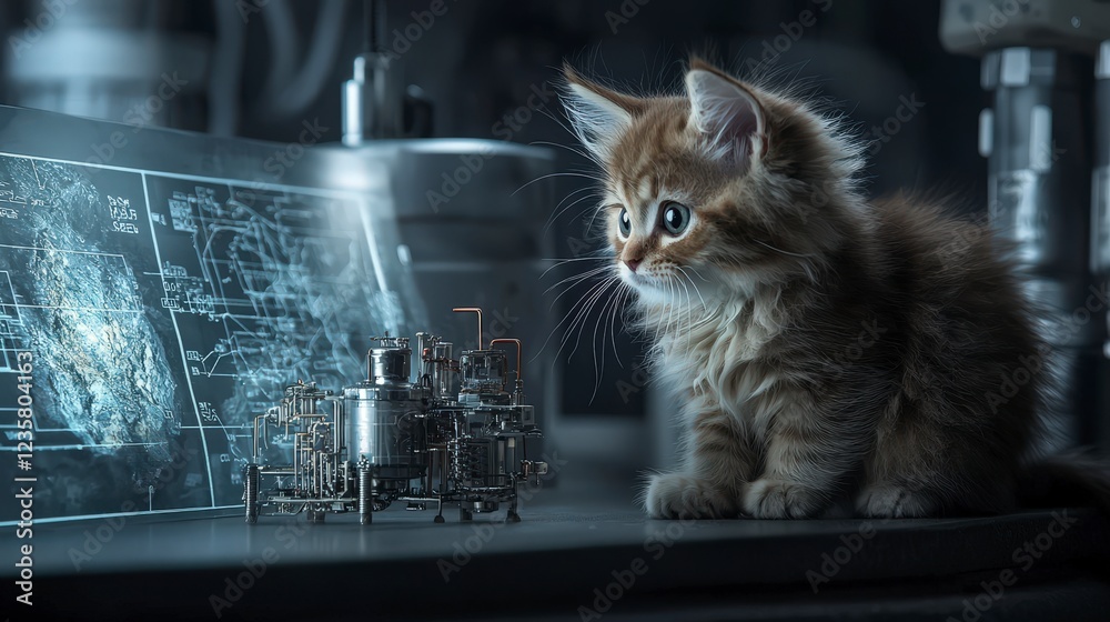 Poster a curious kitten discovers geothermal energy concepts in a futuristic lab environment inspiring inno