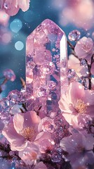 Fototapeta premium A mystical background featuring crystals and jewels in soft pastels with sparkling flowers, stars, and light effects for an enchanting atmosphere