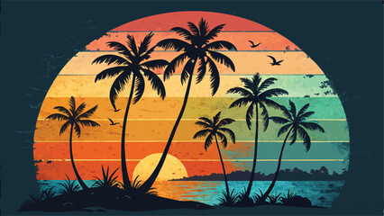Palm Tree Sunset Scene - Colorful Vector Design

