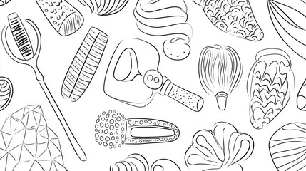Hand-drawn beauty tools seamless pattern, white background