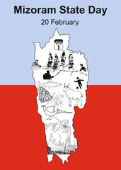A vibrant graphic for Mizoram State Day, featuring a stylized map adorned with iconic symbols, celebrating the state's rich heritage, cultural diversity, biodiversity, and pride.