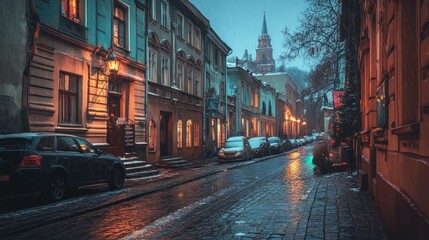 Obraz premium Snowy cobblestone street, evening city, church, parked cars, winter travel