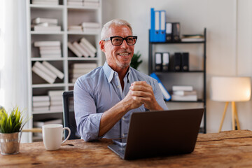 Portrait of around the age of 55s,Happy handsome Senior, man or businessman looking at webcam...