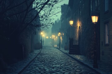 A misty cobblestone street at night with glowing lampposts