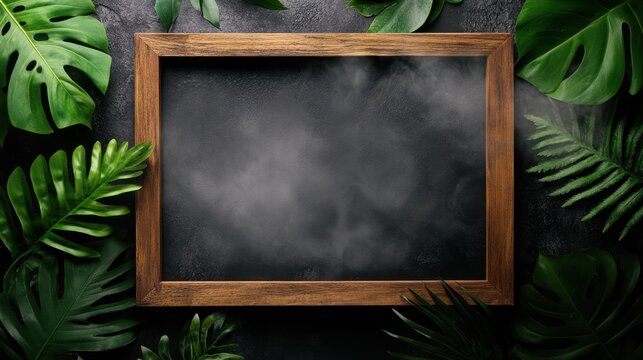 Wooden frame with spirit light in tropical leaves on black background with copy space. Magical portal with mysterious luminous mist. Border with paranormal extrasensory light haze.