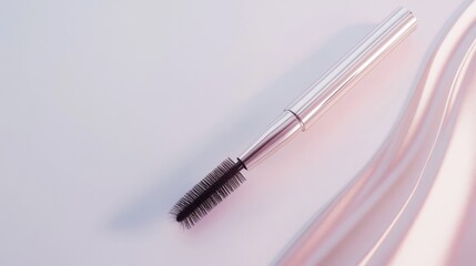 Fototapeta premium A mascara tube lying flat with its wand resting next to it, displaying the bristles up close. The clean white background ensures the product stands out.