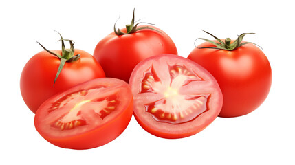 a group of tomatoes with a cut in half