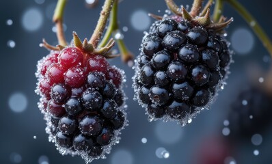 Frosted blackberries glistening in winter