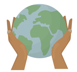 Hands Holding Earth Globe isolated on transparent background. Environmental Care Illustration. Global environmental stewardship and worldwide unity. Earth day concept. Flat design. Vector illustration