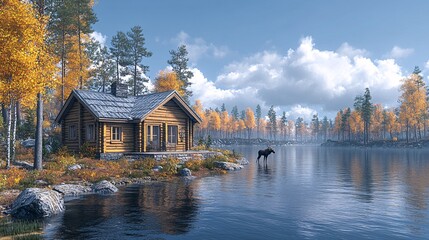 Fototapeta premium Serene Swedish Wooden Villa by Tranquil Water