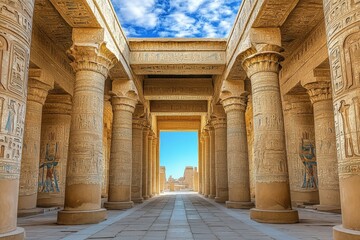 Fototapeta premium Ancient Egyptian temple colonnade, sunlit, open.