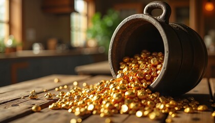 Overflowing pot of gold on wooden table in warm light, symbol of prosperity and luck