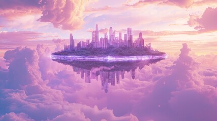 Naklejka premium Futuristic Cityscape Floating in Cosmic Realm with Orchards Reflected, Ultra-Detailed Sci-fi Dreamscape Concept
