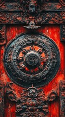 Obraz premium Ornate Buddhist door detail, intricate carving, vibrant red wood. Possible use Stock photo for design, travel, or religion.