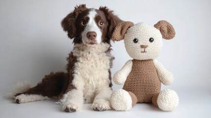 A plush dog sitting next to a handmade ragdoll, both with big, expressive eyes, against a simple white background that highlights their soft features.
